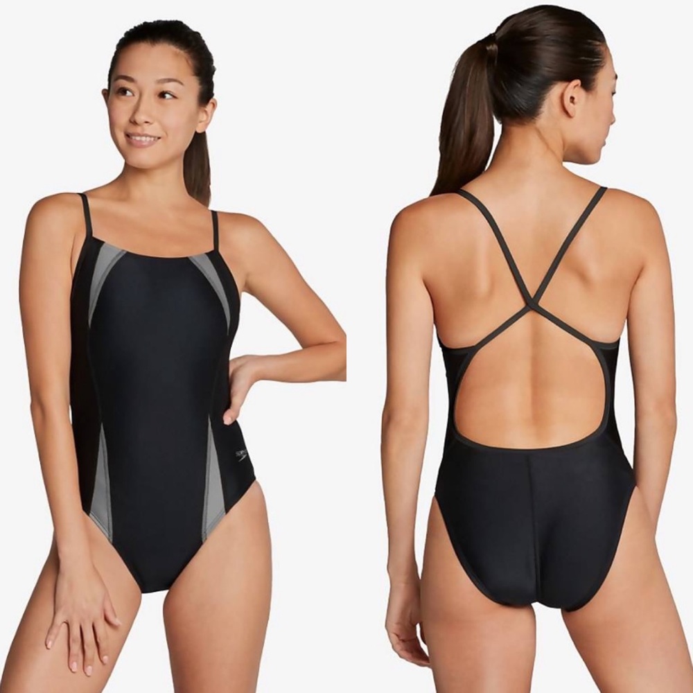 NWT Speedo Flipback Splice Onepiece Training Swimsuit Gray Black Size 26 (XS)